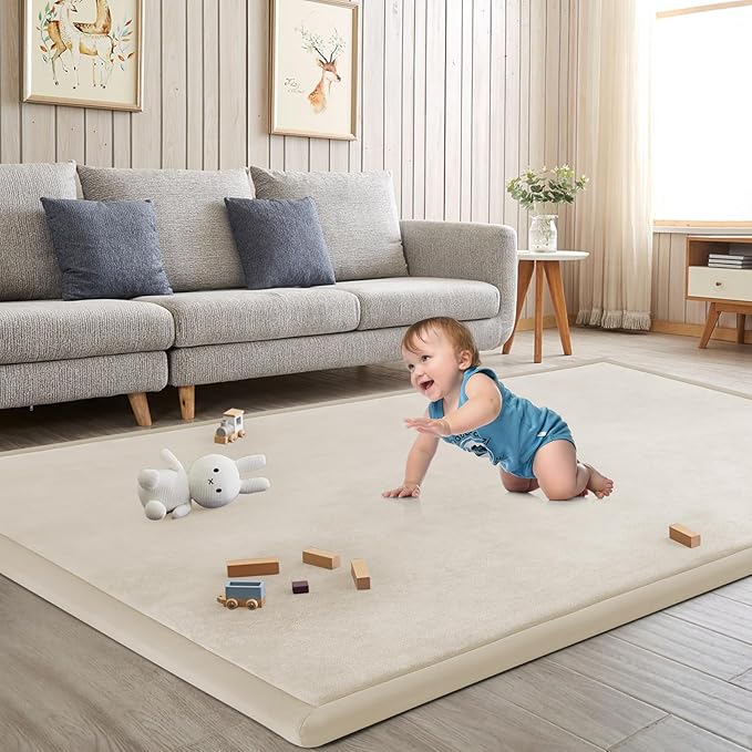 Baby Play Mat for Floor Tummy Time Nursery Rug Muscle Mat Area Playroom Rug Tatami 50 * 50" Memory Foam 1.3" Thick Crawling Mat For Babies,Toddlers, Infants, Kids(Beige)