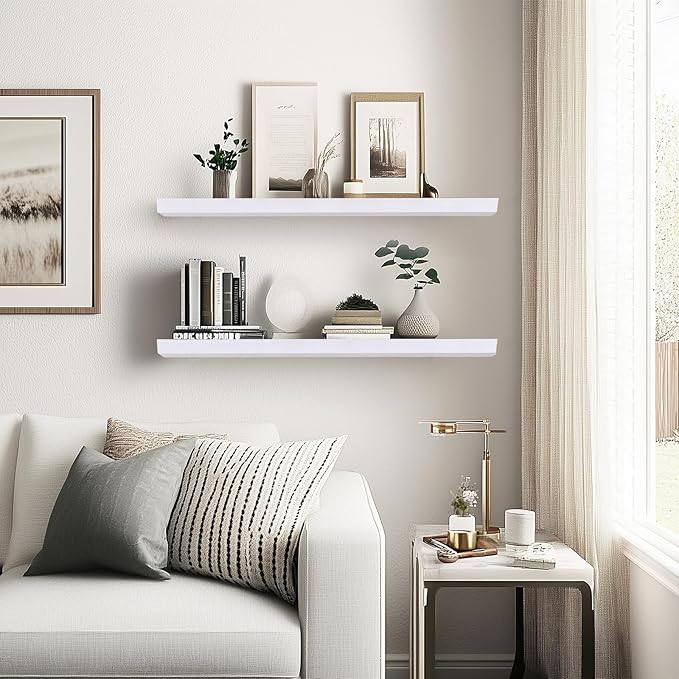 24"x6.8"x1.2" Solid Wood Floating Shelves 2-Pack - Rustic White Finish with Hidden Brackets, Perfect for Storage and Décor in Living Room, Kitchen, Bedroom