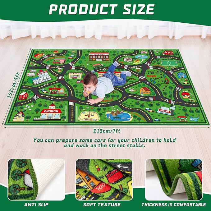Kids Carpet Playmat Rug 5 x 7 ft Player Car Rug, City Life Traffic Road Map Mat Educational Game Area Mat for Toddler Children Playroom Classroom Bedroom(Green)