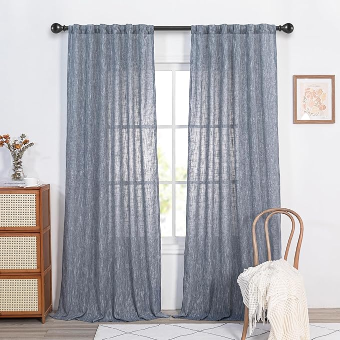 MYSKY HOME Floor Length Curtains Long Panels, Boho Curtains Farmhouse for Living Room Sliding Glass Door, Linen Look Texture Light Filtering, 50" x 95", Dusty Blue, Pack-2