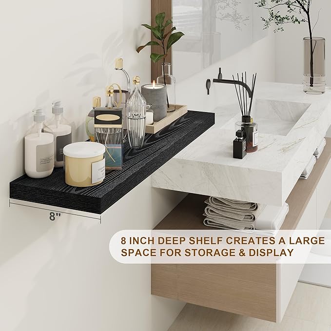 30 Inch Floating Shelves, Rustic Floating Wall Shelves 8 Inch Deep, 30 x 8 Floating Shelves for Home Decor, Deep Display & Storage Shelves for Kitchen, Bathroom, Living Room, Black Color, Set of 2