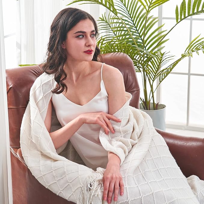 inhand Knitted Throw Blankets for Couch and Bed, Soft Cozy Knit Blanket with Tassel, Off White Lightweight Decorative Blankets and Throws, Farmhouse Warm Woven Blanket for Men and Women, 60"x80"