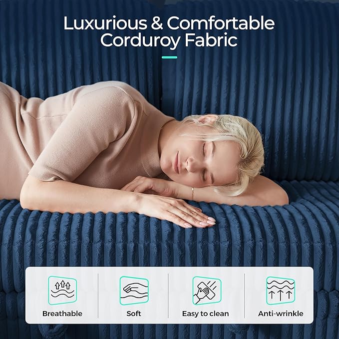 LINSY HOME Sectional Sleeper Sofa with Pull Out Couch Bed - Convertible Plush Corduroy Cloud Couch with Storage Chaise & USB Charging, Comfy L Shaped Modular Couches for Living Room Apartment, Blue