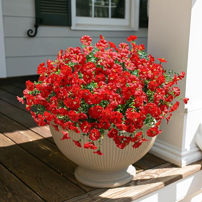 Artificial Flowers for Outdoors Fake Plants Outside Decoration, 12 Bundles Silk Red Morning Glory UV Resistant Look Real Faux Flowers for Planter Front Door Porch Patio Yard Gardens Balcony