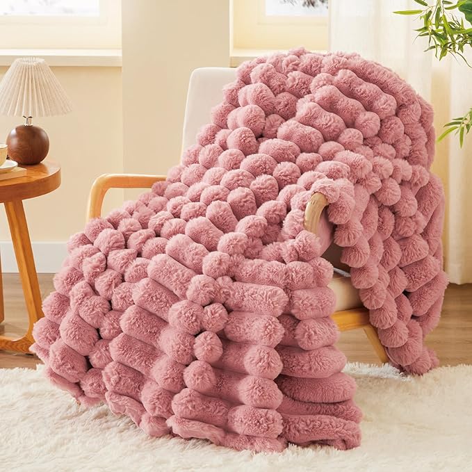 BEDELITE Faux Fur Throw Blanket for Couch, Soft and Cozy Luxurious 3D Striped Pink Fluffy Blanket, 770GSM Thick Warm Plush Fuzzy Faux Rabbit Fur Blanket for Women Gift, 50"x 60"