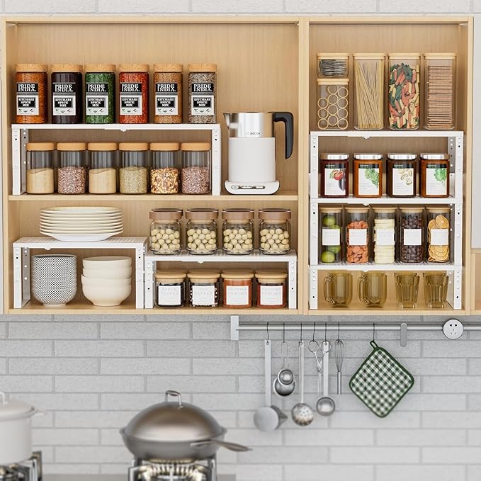 Expandable Spice Rack Kitchen Cabinet Shelf Organizer, Stackable Storage Shelves Racks, Adjustable Counter Shelving for Cabinets, Countertop, Cupboard,Pantry and More(2Packs/White/Medium)