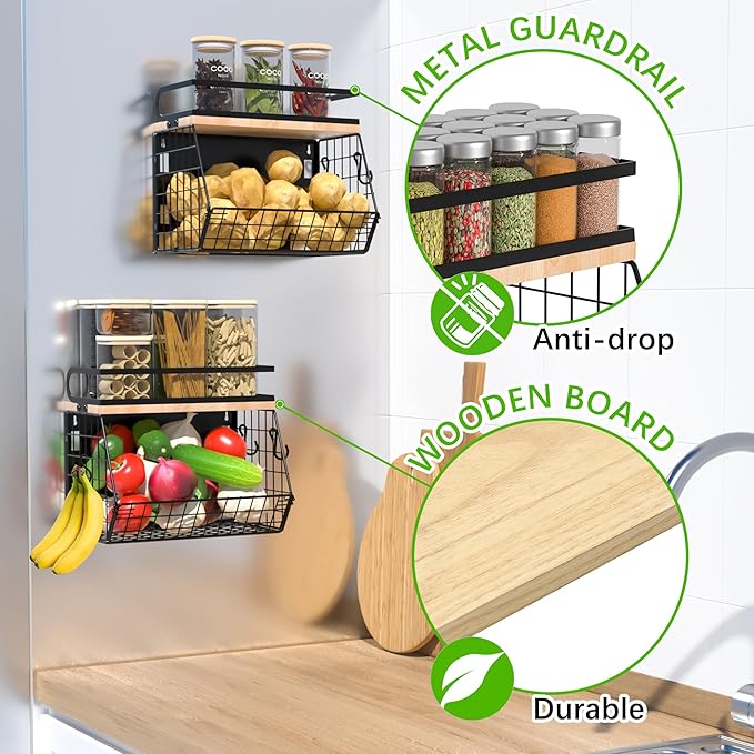 Magnetic Spice Rack for Refrigerator, Fruit, Potato & Onion Storage Bin,Large Capacity Magnetic Shelves for Side of Refrigerator, Kitchen Organizers and Storage Countertop,1 Pack Black