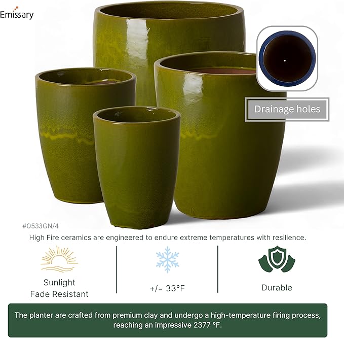 Emissary Home and Garden Bullet 11.5 in. Green Ceramic Round Planter (11.5 in. L x 11.5 in. W x 14 in. H) with Drainage Hole