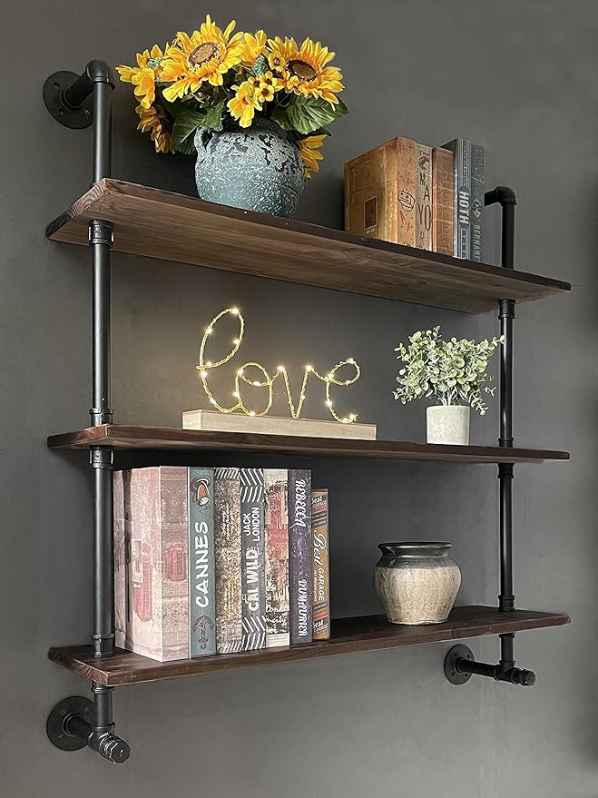 Industrial Pipe Wall Shelves with Real Wood Plank ,36 Inches Floating Shelves for Wall Farmhouse Book Shelves Dark Brown 3 Tier for Kitchen,Living Room Decor and Bar Shelving