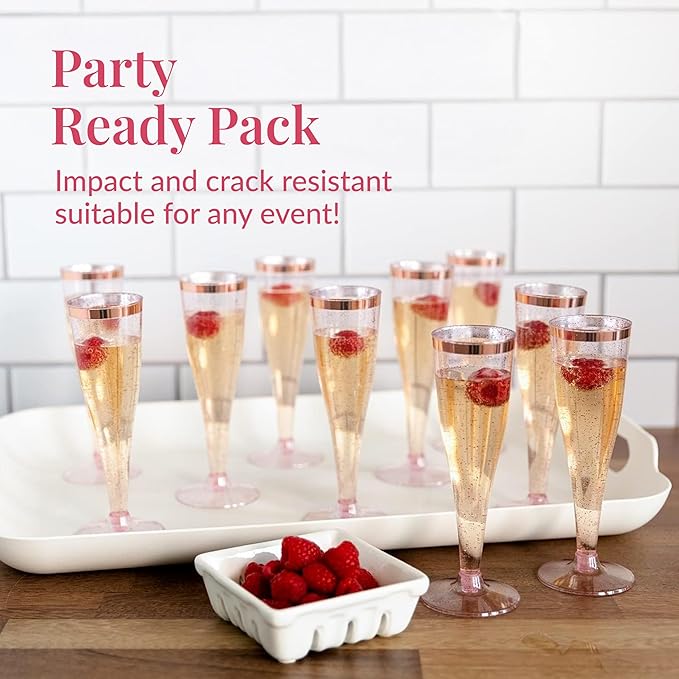 Prestee Set of 24 Plastic Champagne Flutes Disposable - Silver Glitter Pink Champagne Glasses with Rose Gold Rim, Elegant Toasting Cups for Weddings, Cocktail Parties, New Year's Celebrations