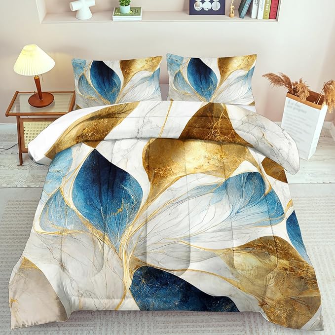Vintage Floral Comforter Set King Size Women,Marble Flower Bedding Set King,Marble Blue Flower Bed Comforter,Blue and Gold Floral Quilt Bedroom Decor for Kids and Adults