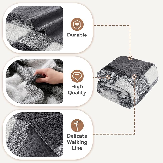 LURKA Checkered Sherpa Fleece Throw Blanket - Extra Thick and Warm Winter Soft Fuzzy Plush Blanket for Couches, Beds & Pets, Smoke Grey, 50x60 Inches