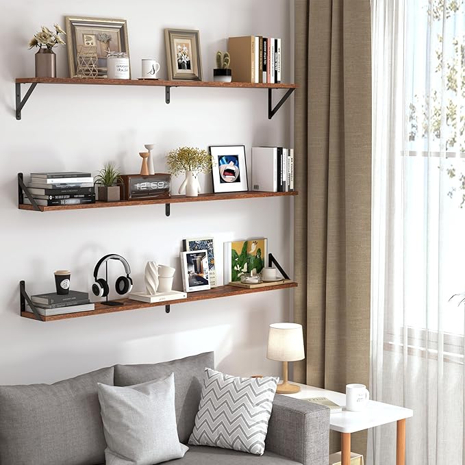 Heimlove 48 Inch Large Wall Bookshelves Set of 3, Wall Mounted Bookshelves,Heavy Duty Wooden Shelves for Living Room,Bedroom,Kitchen,Laundry Room Storage & Decor