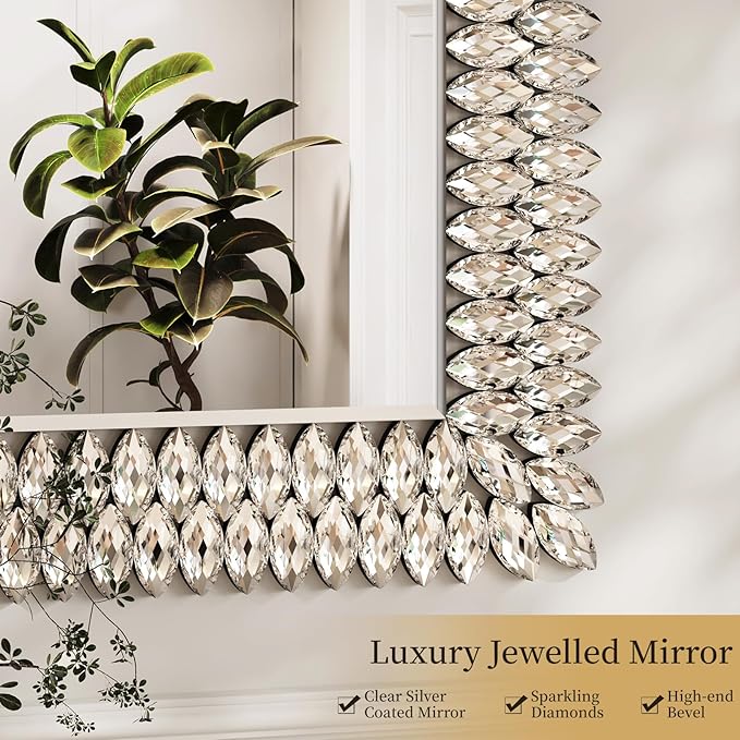 Kelly Miller Jeweled Luxury Bathroom Mirror for Wall, 24"x36" Rectangle Wall Mirror Decorative Mirror Vanity Mirror with Diamonds for Master Bath Half Bath Living Room Bedroom Fireplace Mantle Hallway
