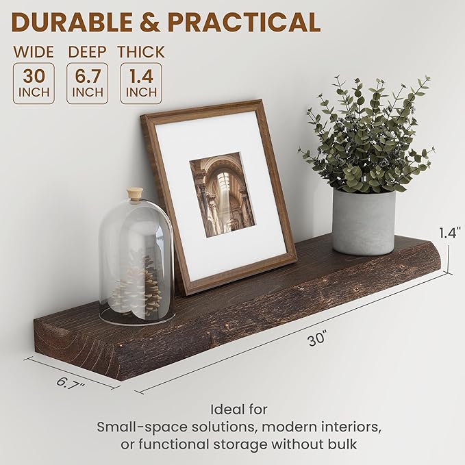 30" Floating Shelves, Live Edge Solid Elm Wood Floating Shelf, Wall Mounted Display Shelves with Heavy-Duty Bracket for Books, Rustic Wooden Shelf for Kitchen, Bathroom, Walnut Color, Set of 2