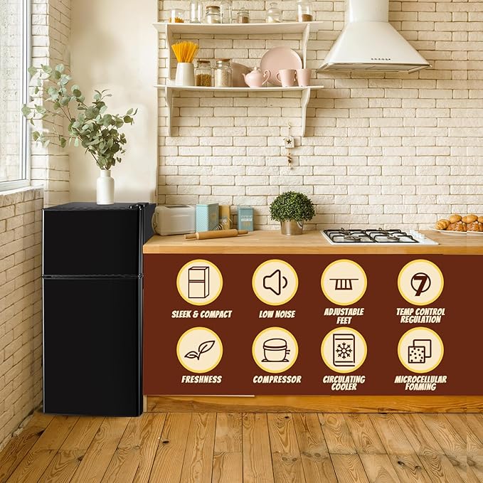 Mini Fridge with Freezer Small Refrigerator Double Door Dorm Fridge for Single Removable Shelves for Bedroom, Office, Dorm Black