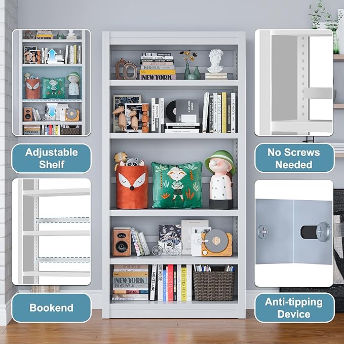 Bookcase, 5-Shelf Industrial Bookshelf, Large Storage Space, Adjustable Bookshelves, Perfect for Living Room, Home Office, Garage, Ideal for WFH Essentials & Home Office Upgrade