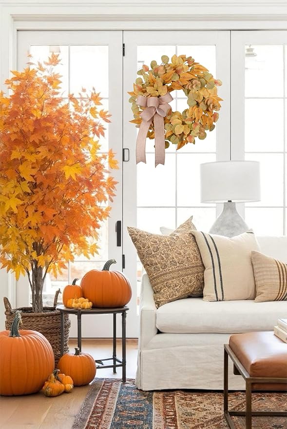 Fall Wreath for Front Door 24 Inch, Autumn Colored Faux Leaves Wreath with Bow, Simple & Minimalist Fall Decoration for Home Farmhouse Door Wall Window Indoor/Outdoor