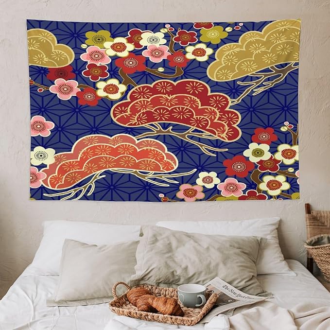 HZOHNAGO Japanese Tapestry Art Abstract Colorful Cherry Blossom Blue Background Pattern Printed Wall Tapestry Painting Wall Hanging for Bedroom Living Room Dorm 60" W x 40" H