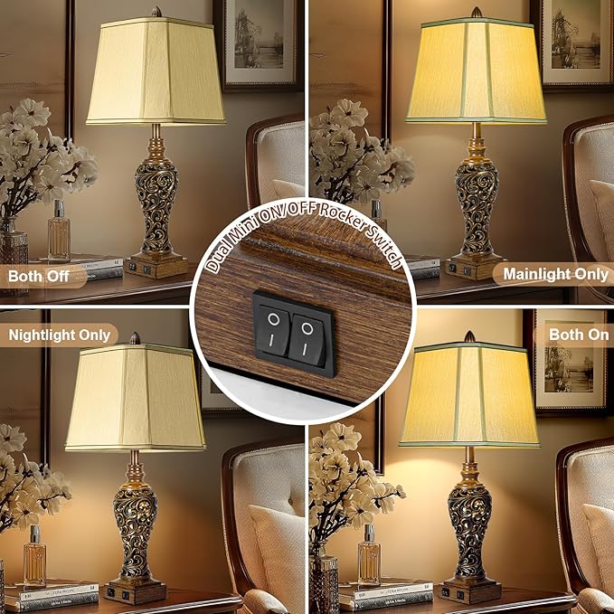 28.5'' Tall Farmhouse Vintage Table Lamp Set of 2 with Faux Silk Shade USB Ports Nightlight Decor for Bedside Living Room Bedroom Nightstands Office Home, Dark Bronze(Bulbs Included)