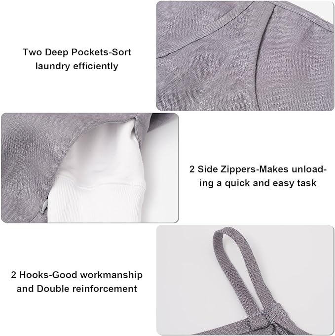 100% Pure Linen Dual Hanging Laundry Bag with 2 Deep Pocket and 2 Side Zipper 20x27in, Over The Door Laundry Hamper Space Saving Hampers for Dirty Clothes Home Travel, Grey