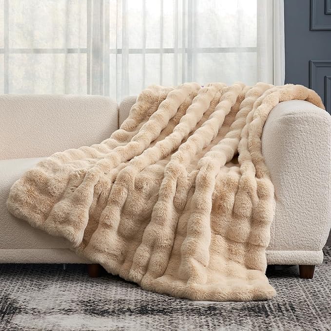 Cozy Bliss Faux Fur Throw Blanket for Couch, Fuzzy Soft Plush Thick Bubble Blanket for Sofa Bedroom Living Room, 50 * 60 Inches Beige
