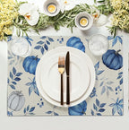 Blue Pumpkin Maple Leaves Fall Placemats Set of 4 Autumn Thanksgiving Harvest Linen Place Mat Non Slip Heat Resistant Washable Table Mats for Party Kitchen Dining Decoration