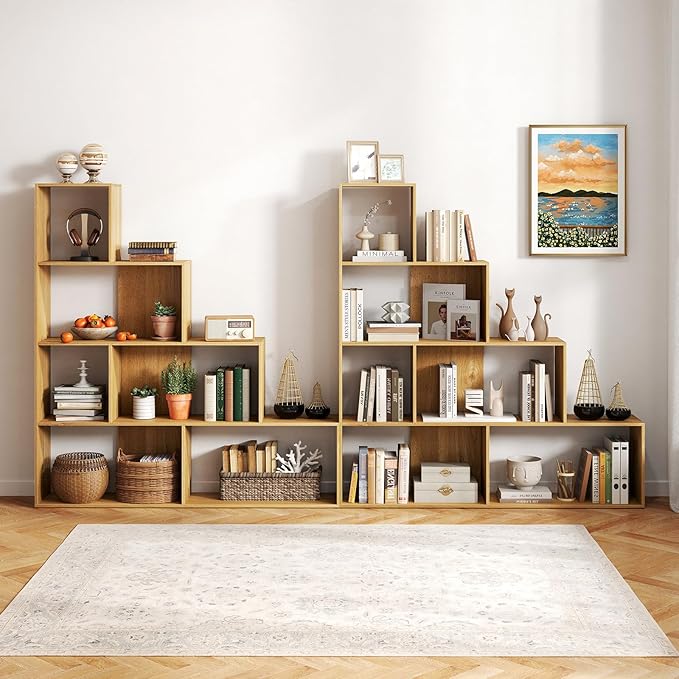 Tangkula 4-Tier Stepped Bookshelf, Freestanding 6 Cubes Ladder Bookcase with Anti-Tipping Kits, 64" Tall Modern Wooden Storage Display Rack for Home Office Living Room Study (1, Natural)