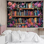 HVEST Bookshelf Wall Tapestry Pink Floral Green Leaf Watercolor Plant Botanical Aesthetic Tapestry Wall Hanging Vintage Library Book Tapestries for Bedroom Living Room Dorm, 70.9L x 92.5W Inches