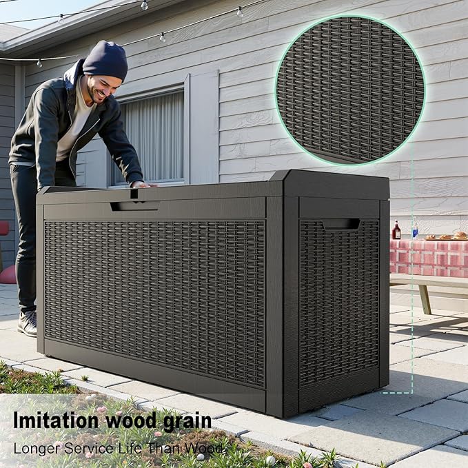 60 Gallon Deck Box Large Outdoor Storage for Patio Furniture,Outdoor Cushions,Garden Tools and Pool Supplies,Waterproof,Resin,Lockable(Black)