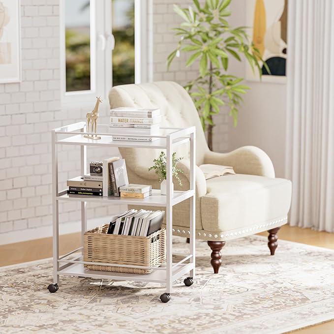 HITNET White Bar Cart, Home Bar Serving Cart, Kitchen Trolley on Wheels with Storage, 3 Tier Rolling Beverage Cart for Living Room Kitchen Home Office