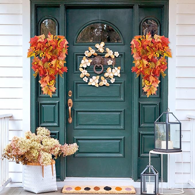 RECUTMS Fall Leaves Hanging Plant Artificial Fall Leaves Garland with Berry Fake Autumn Wall Hanging Leaf Vines for Home Halloween Party Door Frame Fireplace Decoration(Orange with Berry)