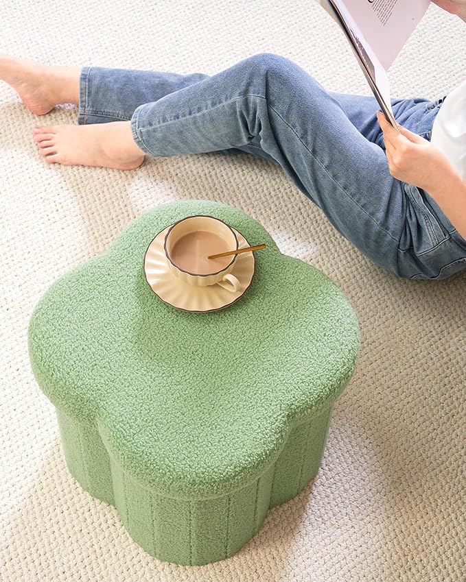 B FSOBEIIALEO Storage Ottoman Cube, Flowers Shaped Ottomans with Storage Foot Stool Footrest, Boucle Ottoman Seat for Dorm Room, Faux Teddy Fur, Green 15"x15"x15"