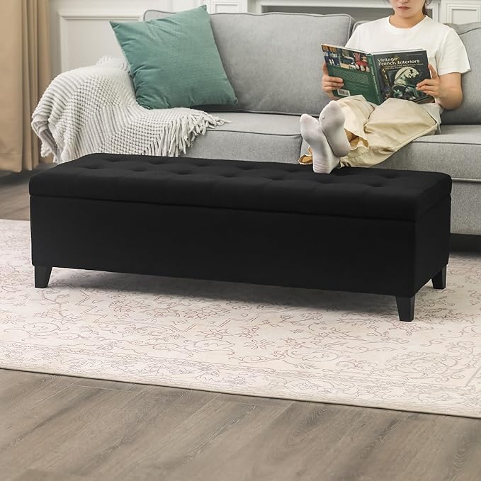 Joveco Storage Ottoman Bench, 51" Rectangle Long Bench, for Bedroom, End Foot of Bed, Living Room, Entryway, Line Black