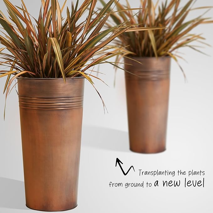 KOL 22''H 2-Pack Planter with Water Level Indicator - Galvanized Steel Pot - Self Watering Planters Flower Pot for Plant - Inner Pot Design - Round Metal Planter Box - Indoor Outdoor Planting - Bronze