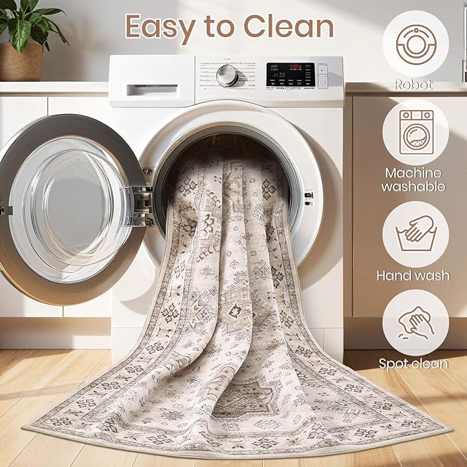 Washable Area Rugs for Living Room -10x13 Neutral Vintage Distressed Floral Farmhouse Boho Large Soft Floor Rug Indoor Non Slip Carpet for Living Room Bedroom Dining Room Office-Beige Brown