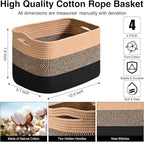 Storage Baskets for Shelves Organizing, Woven Cotton Rope Baskets for Storage, Book Basket, Towel Basket, 12.5"Lx9.1''Wx7.9''H (4 Packs) Gradient Black & Jute