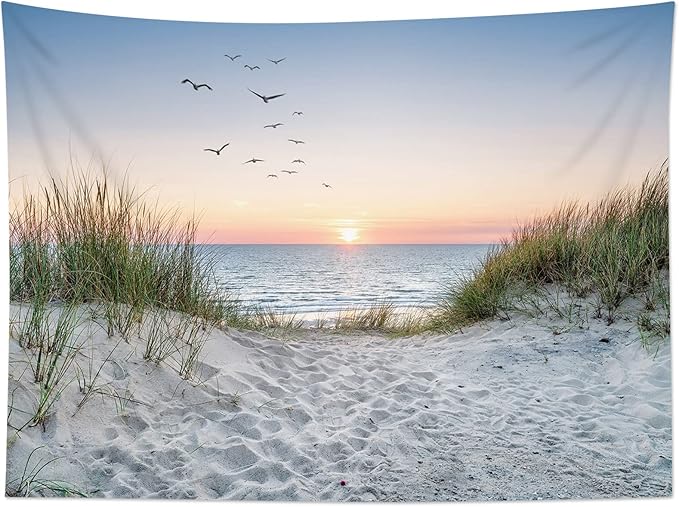 HVEST Ocean Beach Tapestry Wall Hanging, Sunset Seabird and Beach with Grass Wall Tapestry Natural Landscape Tapestries for Bedroom Living Room Dorm Decoration, 60x40 Inches