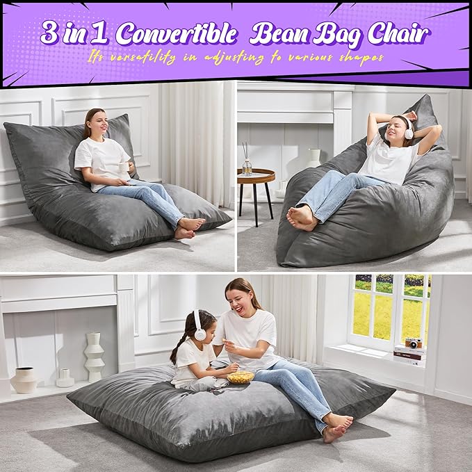 Hobestluk 3 in 1 Bean Bag Chair Giant Bean Bag Chairs for Adults with Velvet Cover Convertible Bean Bag Floor Cushion with Machine Washable Cover for Living Room (Velvet Grey)