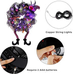 Lulu Home Halloween Front Door Wreath, Purple LED Lighted Witch Hat Wreath, Battery Operated, NOT PRELIT
