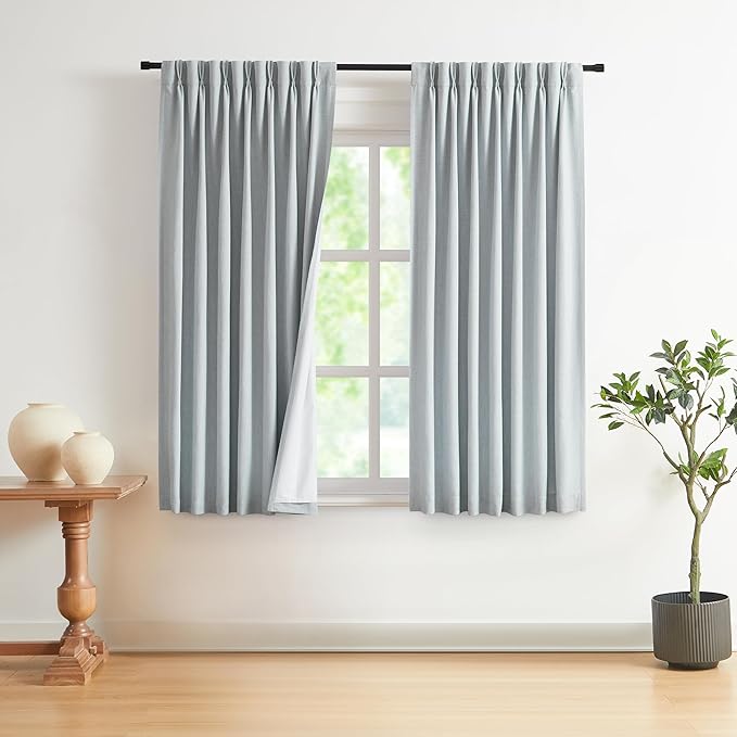 Vision Home Blue Gray Pinch Pleated Full Blackout Curtains Linen Blended Room Darkening Window Curtains 72 inch for Living Room Bedroom Thermal Insulated Pinch Pleat Drapes with Hooks 40" Wx72 Lx2
