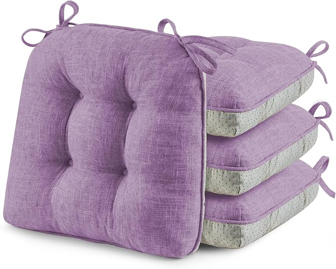 puredown® Chair Cushions for Dining Chairs, Tufted Memory Foam Chair Pads with Non-Slip Backing, Kitchen Seat Cushions with Ties, Washable Seat Pads Set of 4, 15.5" x 15.5" x 4", Purple