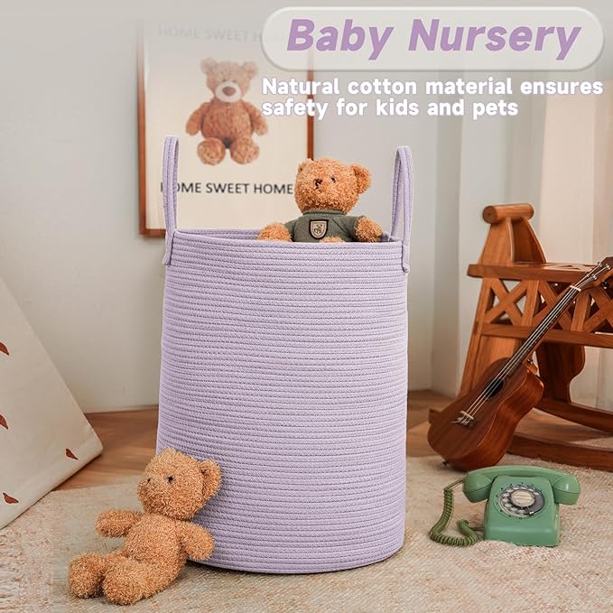 Large Woven Laundry Basket Hamper,100L Cotton Rope Storage Bin for Blankets,Toys and Clothes,Decorative Tall Nursery Hamper for Living Room,Baby Nursery,Bathroom and Bedroom,Purple