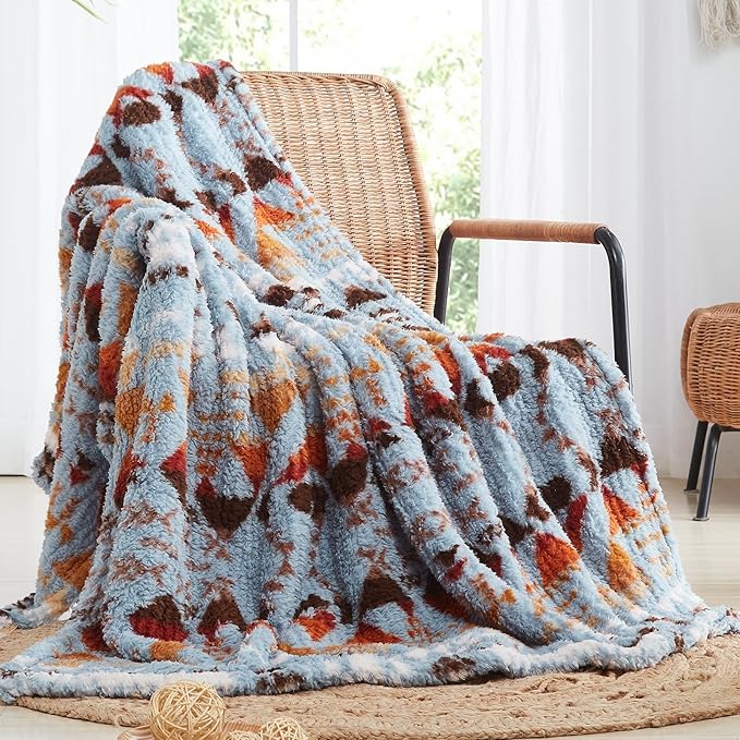CASAAGUSTO Boho Sherpa Blanket,Teal Aztec Twin Blanket, Ultra Soft, Warm, Cozy, Plush, Thick Fleece Western Blanket for Couch, Bed, Sofa (Blue Grey 60 * 80 Inch)