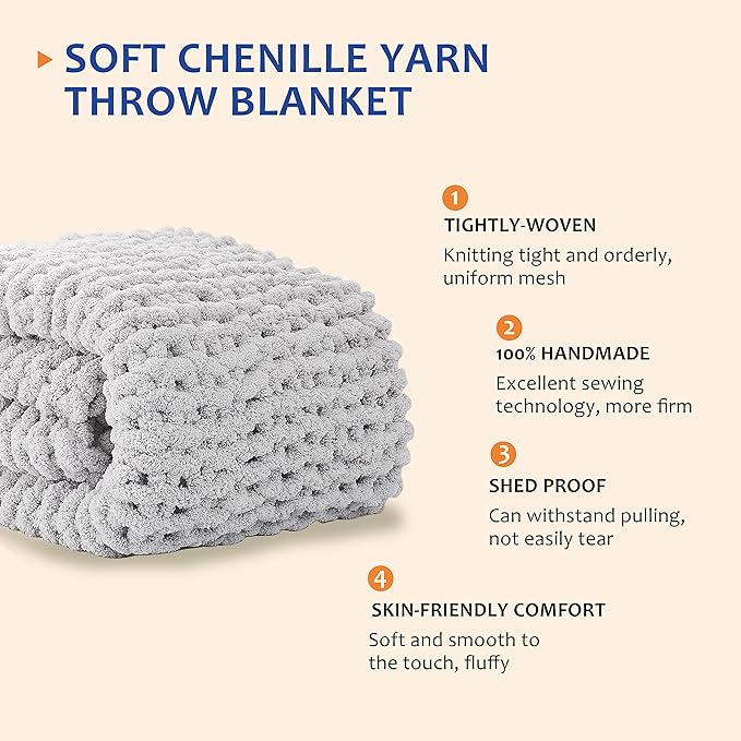 L'AGRATY Chunky Knit Blanket Throw: 30''x40'' Chenille Knitted Throw Blankets for Bed Couch - Handmade Thick Big Cable Knot Blanket - Large Chunky Crochet Rope Blankets for Home Decor(Grey)