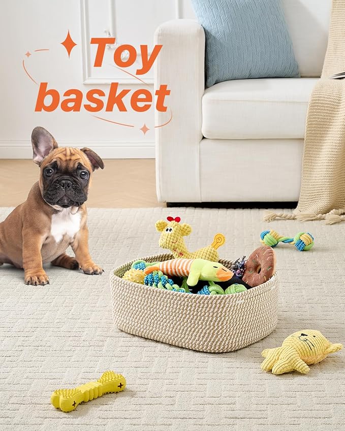 Small Woven Basket, 13.5 x 9.5 x 5 Inches, Storage Basket for Organizing, Cute Small Rope Shelf Closet Cube Storage Bins Baskets for Shelves, Dog Toy Gift Baskets Empty, 3 Pack Brown