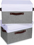 ANMINY 4PCS Storage Boxes with Lid Washable Decorative Storage Bins Basket with PU Leather Handle Foldable Linen Fabric Storage Cubes Containers for Home Closet Organizer - Gray White, Large Size