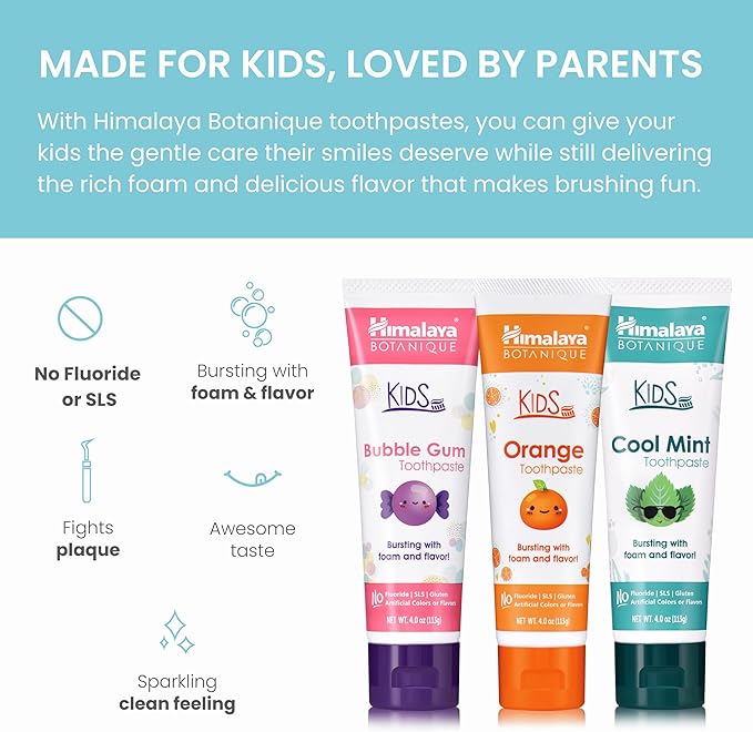 Himalaya Botanique Kids Toothpaste with Xylitol, Variety Pack of Bubble Gum, Orange & Cool Mint - Fluoride Free Toothpaste - Vegan, Gluten Free, No Artificial Flavors or Colors, 4 oz (Pack of 3)