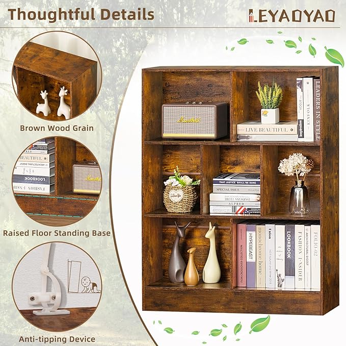 LEYAOYAO 7 Cube Bookshelf - Mid Century Modern Brown Rustic Wood Storage