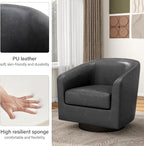 Swivel Barrel Accent Chair, Modern Round Faux Leather Arm Chair for Living Room, Bedroom, Comfy Club Reading Chairs for Adults(Faux Leather, Black Grey, Set of 1)